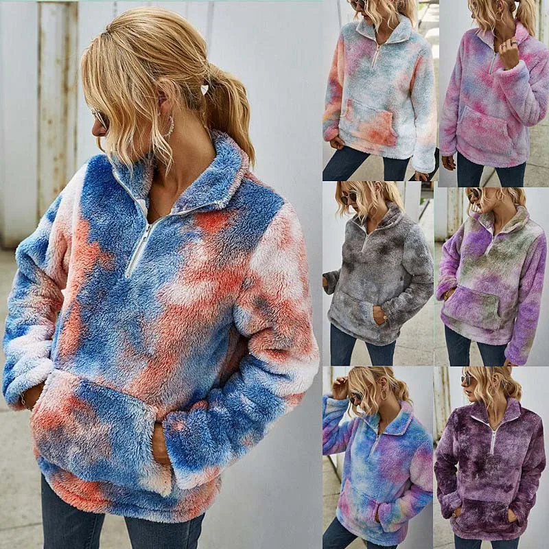 

Teddy Tie Dye Sweatshirt Women 2020 Autumn Winter Warm Fleece Sweatshirt Ladies Fluffy Zip Hoodies for Women