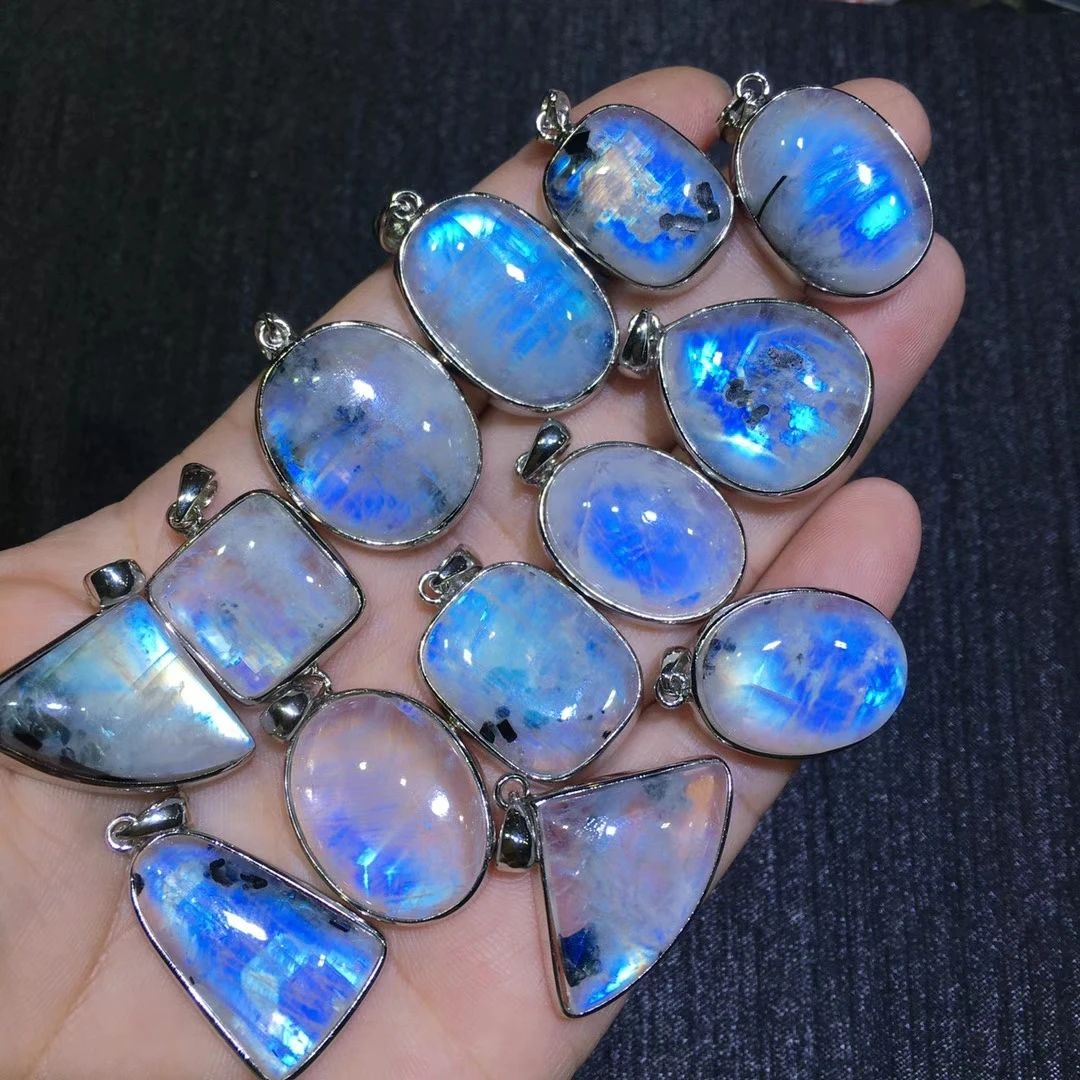 

Gemstone Sterling Silver Rainbow Moonstone round freefrom shape Pendant Necklace Lady Wedding Jewelry Natural Crystals Quartz