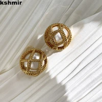 2 12 1cm korean fashion gold woven hollow metal wound pearl earrings temperament needle earrings girl birthday party
