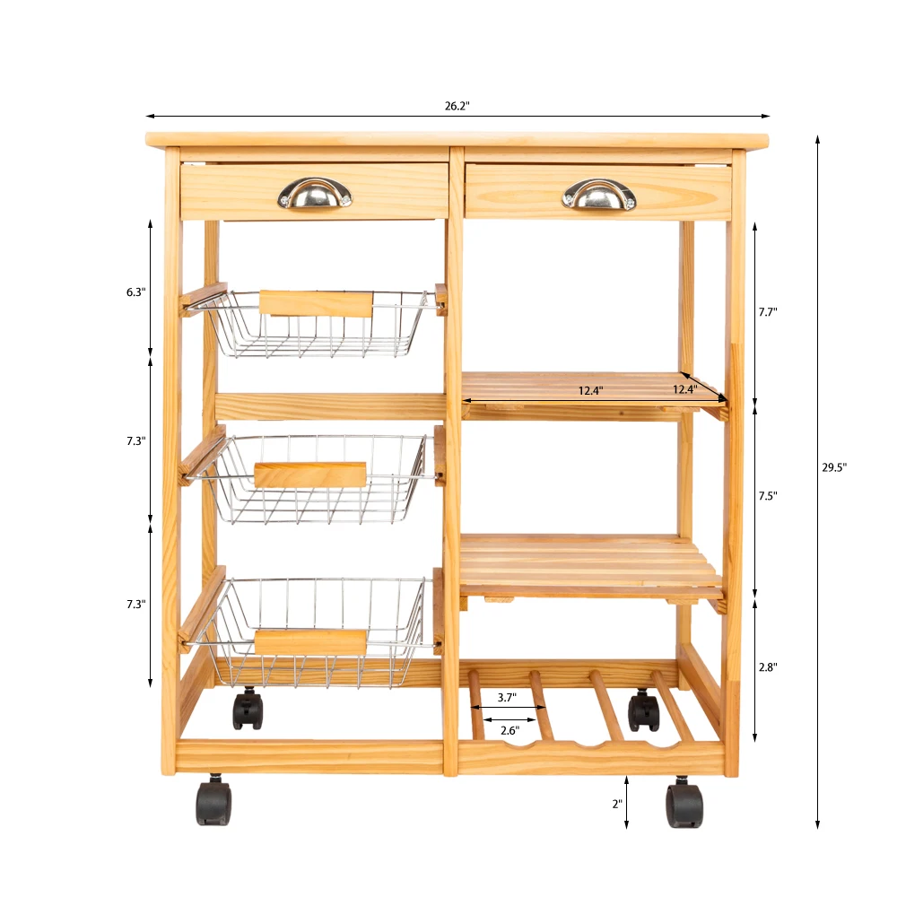 

Wooden Kitchen & Dining Room Cart Organizer Iron Basket 2-Drawer Removable Storage Rack with Rolling Wheels