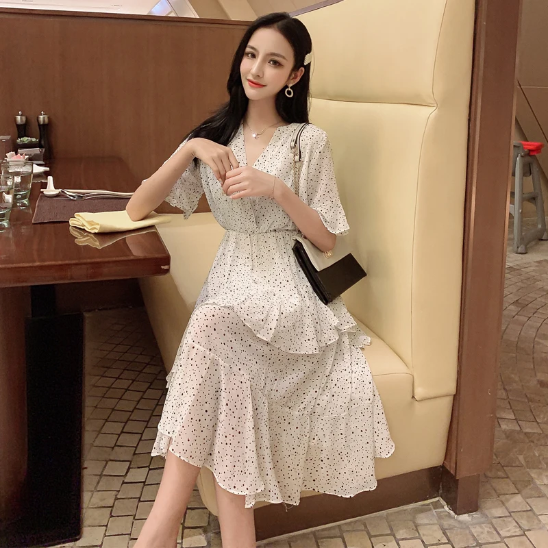 Женское винтажное шифоновое платье с v-образным вырезом коротким рукавом и