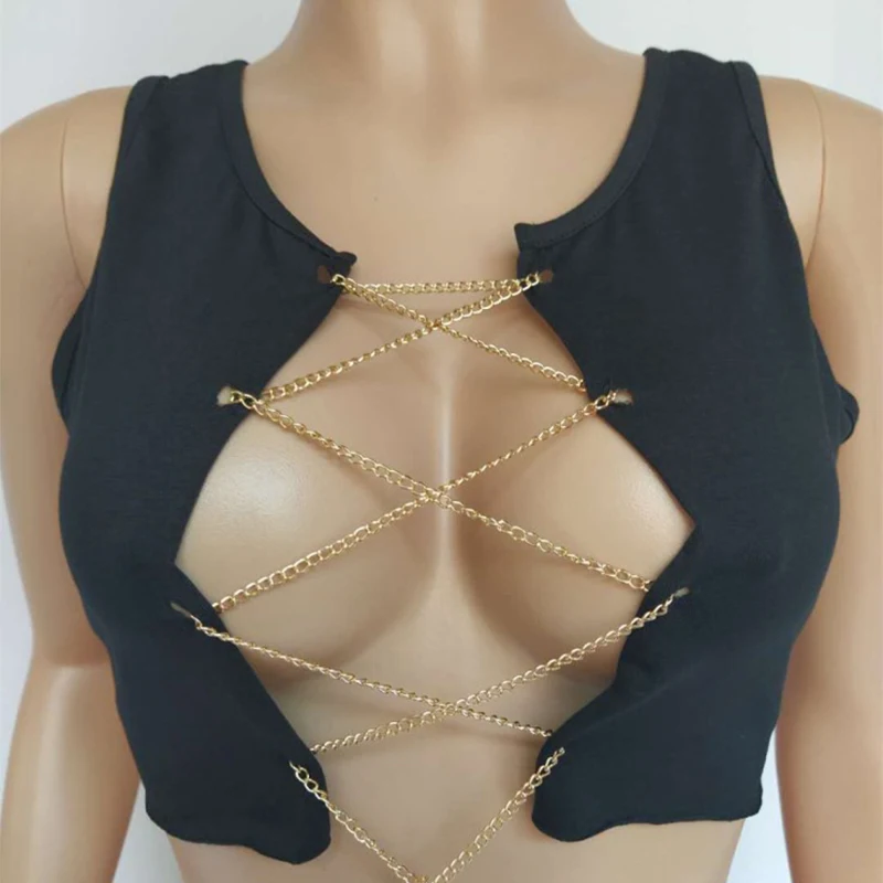 

Red Black White Metal Chain Sleeveless Crop Top Sexy Clubwear Women Adjustable Lace Up Hollow Out Tank Tops Tees Camisole