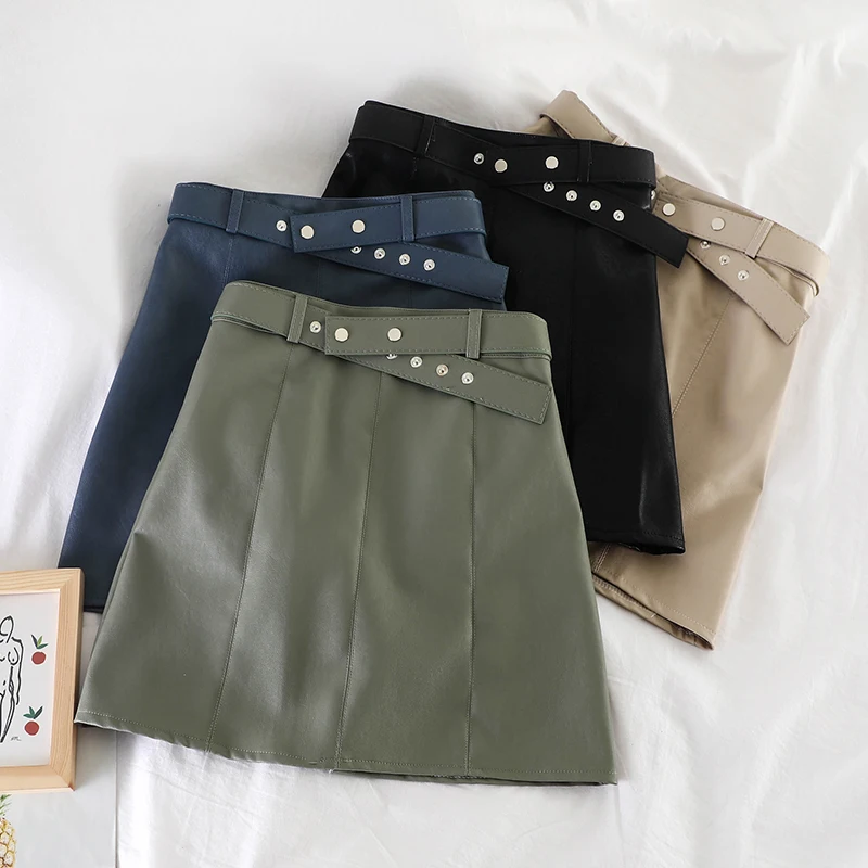 Женская юбка Джокер из ПУ кожи с поясом|Женские юбки| |