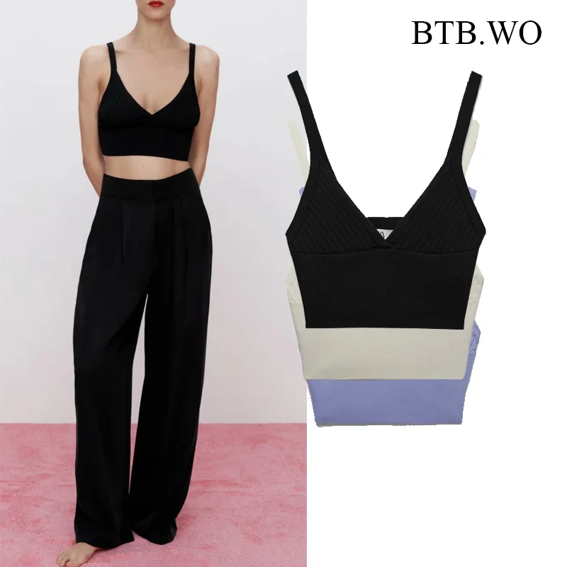 

BTB.WO Women Za 2021 Fashion Textured Cropped Knitted Slim Tanks Strap Camisole Vest Elastic Female Vest Coat Chic Tops