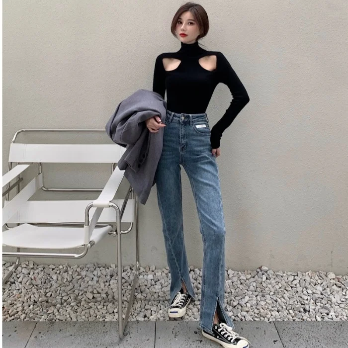 

Pants for Women 2021 Spring New Retro High Waist Drooping Washed Jeans Slim and Sexy Slit Boot-Cut Pants