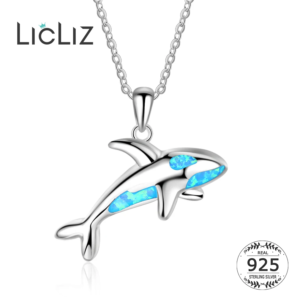 

LicLiz New Unique 925 Sterling Silver Blue Opal Shark Pendant Necklace for Women Long Link Chain 925 Silver Jewelry Gifts LN0484