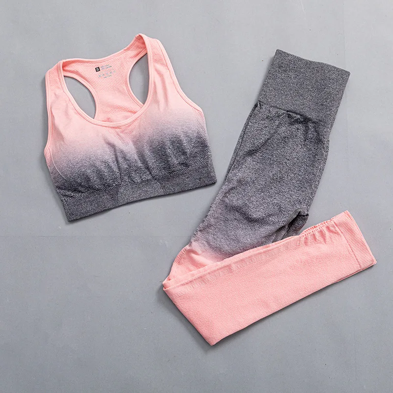 

Ombre Seamless Yoga Set Women Workout Sportswear Gym Clothing 2 Piece Outfit High Waist Fitness Leggings Sports Bra Set