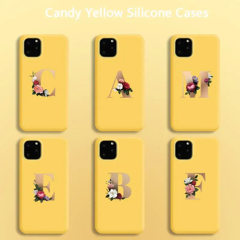 

Flower custom initial letter Phone Case for iPhone 8 7 6 6S Plus X 5S SE 2020 XR 11 12 Pro mini pro XS MAX Candy yellow Silicone