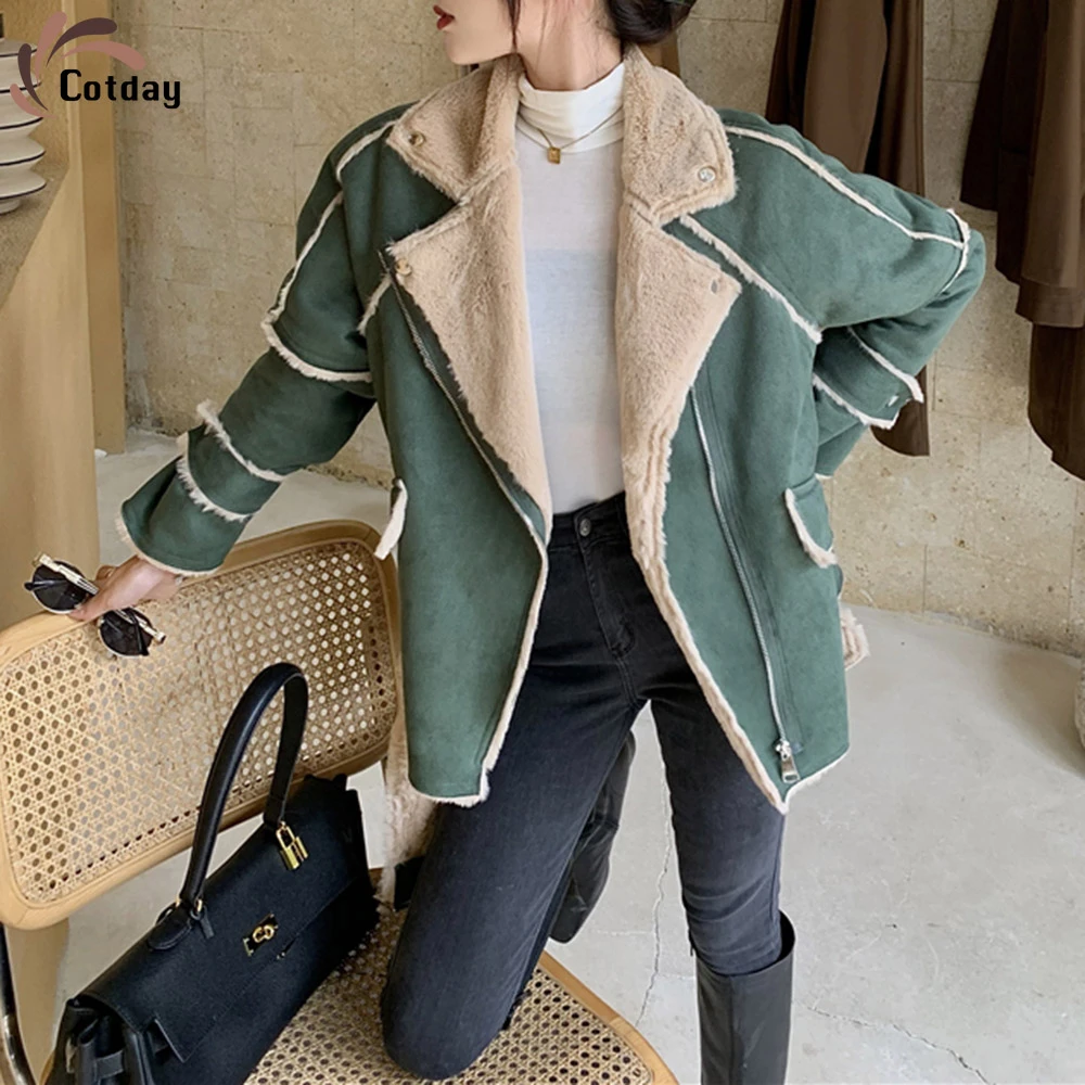 

Cotday Cotton Padded Jacket Green Casual Winter Warm 2020 New Loose Lamb Wool V-Neck Women Pockets Fashion Korean Wear Coats
