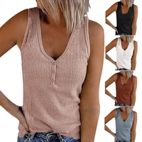 summer 2021 women casual button v neck tank tops vest solid sleeveless t shirts ladies fashion cotton pullover tops