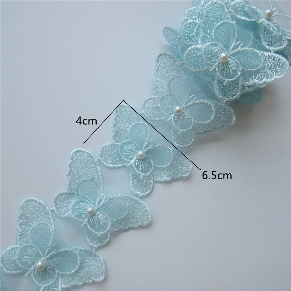2 ярда голубая растворимая жемчужная бабочка из полиэстера вышитая кружевная