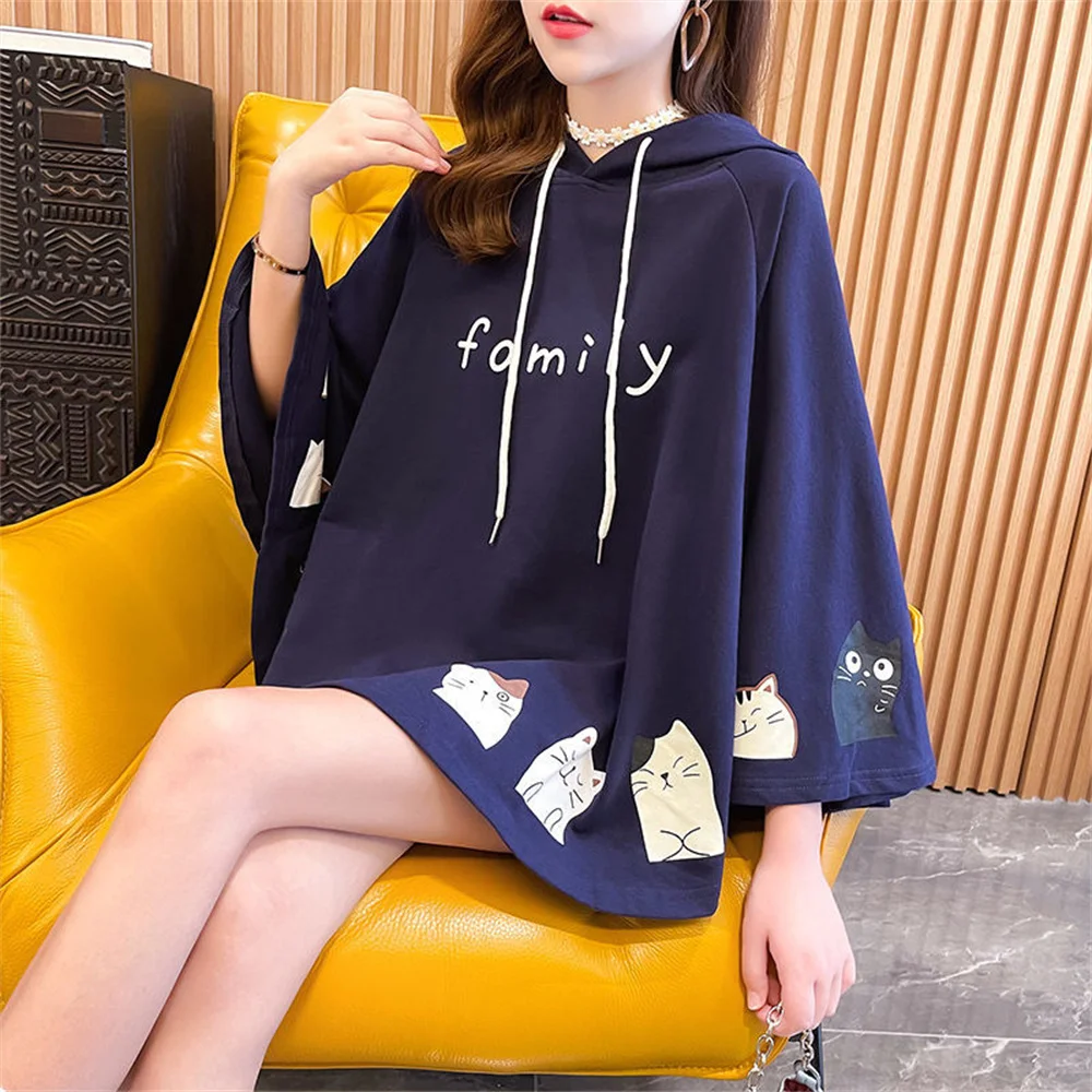 

Autumn Kawaii Cat Printing Women Cloak Hoodies Long Sleeves Loose Harajuku Solid Top Shirts Female Cute Pullovers Sweatshirt