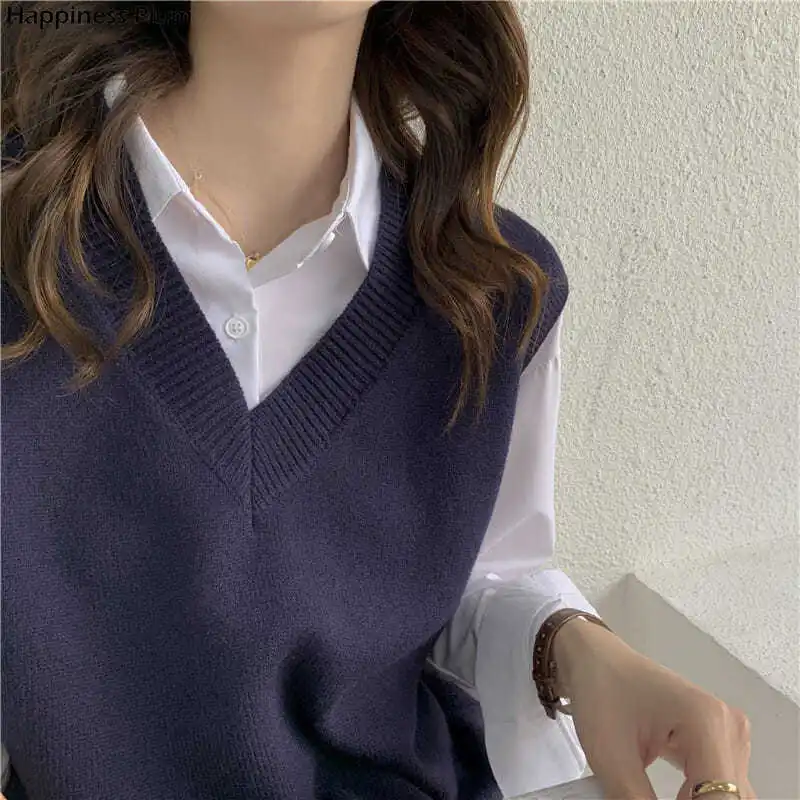 

Sweater Vest Women V-neck Solid Simple Slim All-match Casual Korean Style Teens Chic Fashion Autumn Winter Sleeveless Sweaters