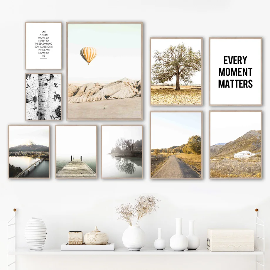 

Mountain Lake Bridge Road Trunk Quote Wall Art Canvas Painting Nordic Posters And Prints Wall Pictures For Living Room Decor