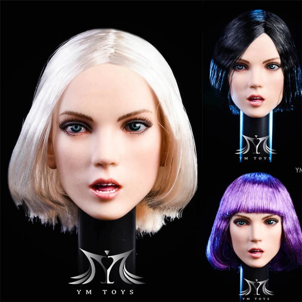 

In Stock YMT025 1/6 Female Figure YOU Head with Planted Purple/Black/Silver Hair Head Sculpt Carved Model for 12'' Pale Body