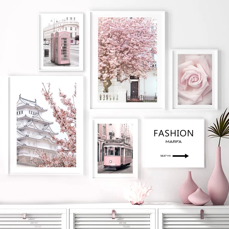 

Telephone Booth Bus Rose Japanese Sakura Wall Art Canvas Painting Nordic Posters And Prints Wall Pictures For Living Room Decor