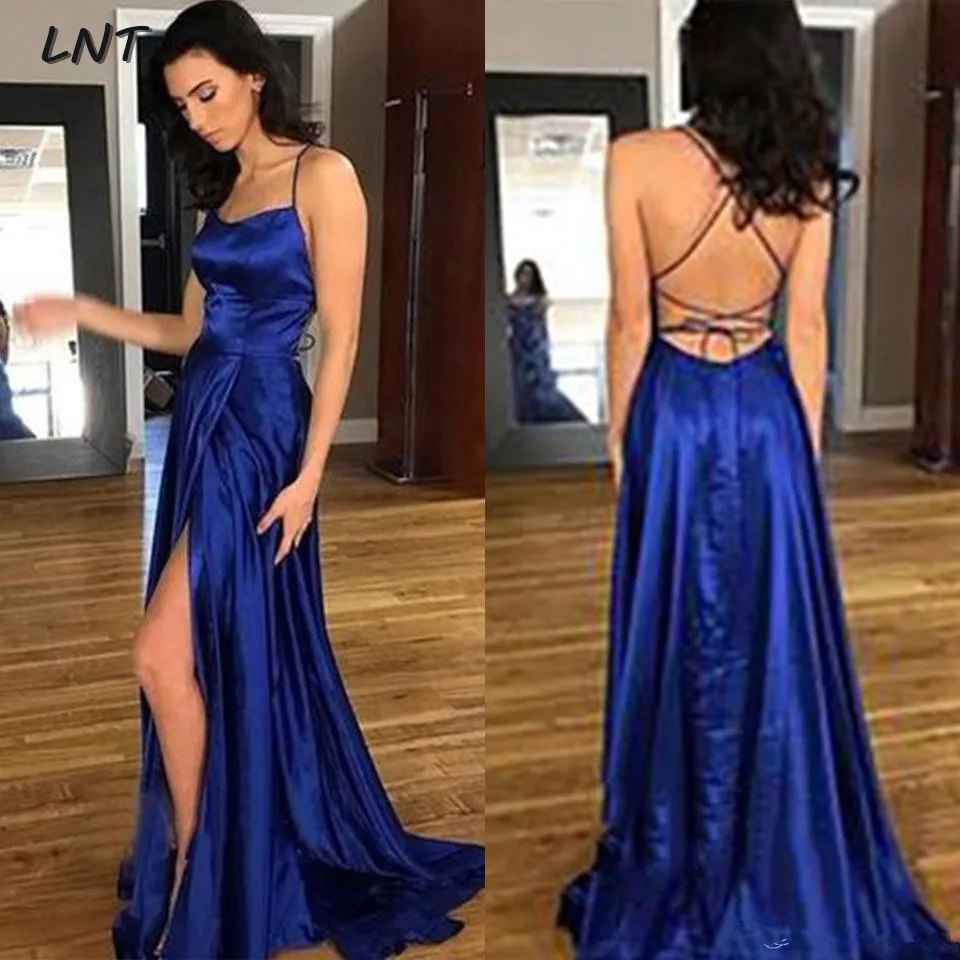

Scoop Neckline Royal Blue Long Prom Dress with Tie String Back Simple Prom Evening Gown