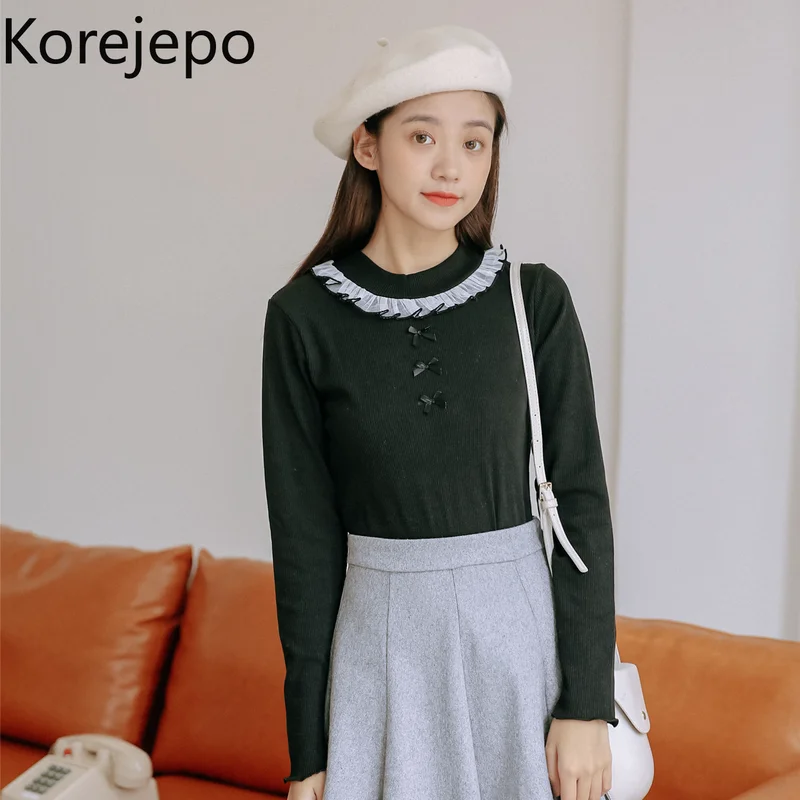

Korejepo Women T-shirt 2021 Autumn New Korean Chic Sweet Stitching White Slim Bottoming Shirt Long-sleeved O-neck Outer Wear Tee