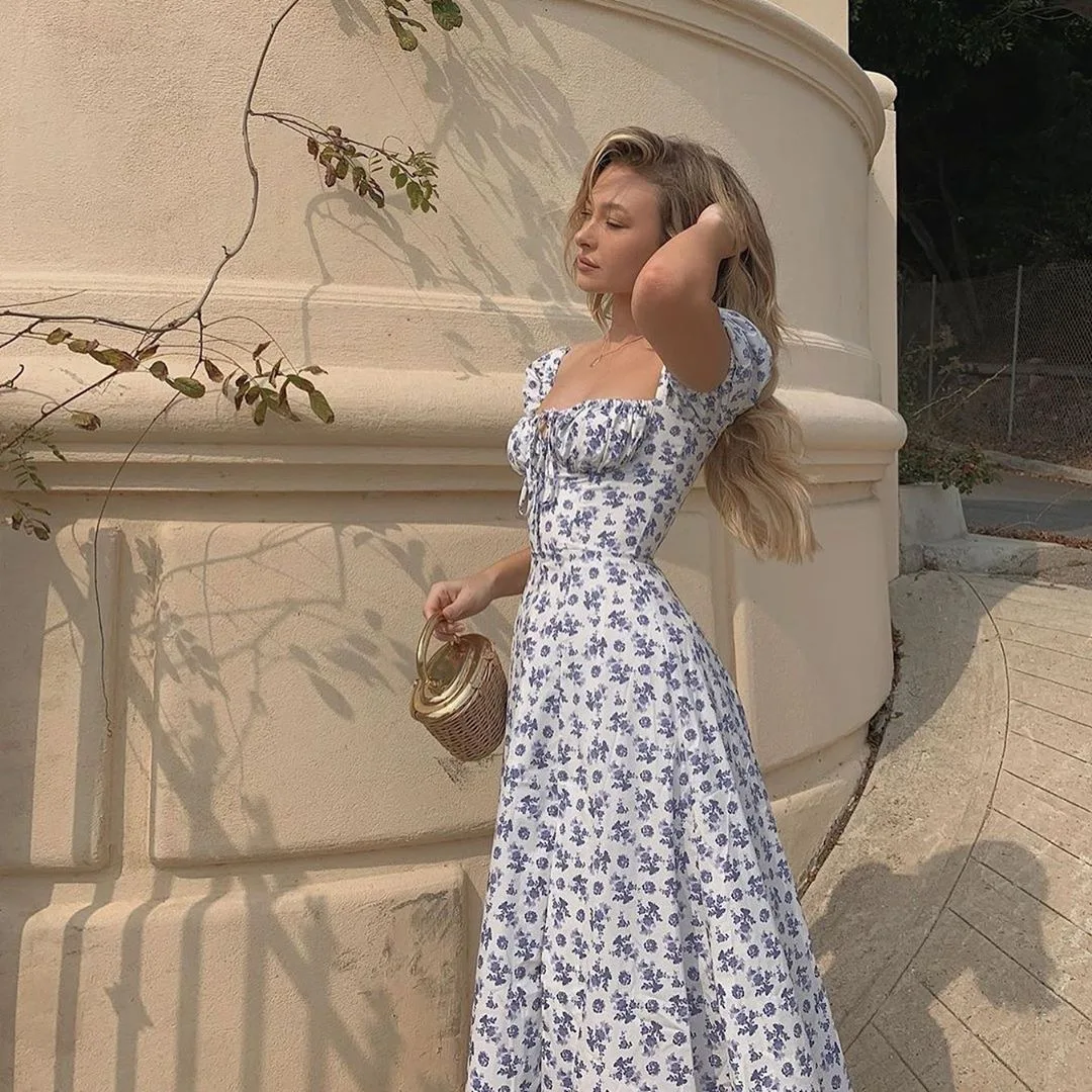 

2021 New Fashion Women's Puff Sleeve Floral High Waist Skirt with High Slit Pastoral Style Summer Long Skirt Women's Dress