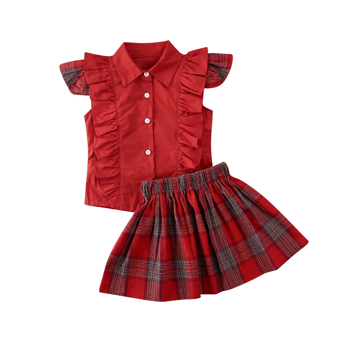 2 шт. рубашка с отложным воротником и юбка в шотландскую клетку|Комплекты одежды