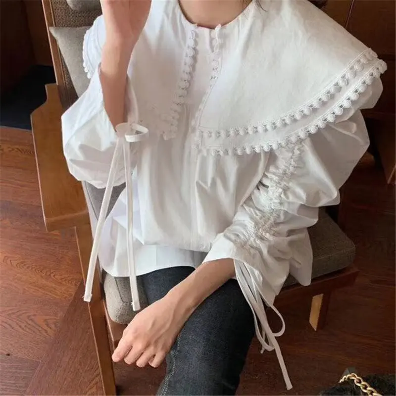 

Spring Palace Style 2021 Office Lady Ruffles Thicken Drawstring High Quality Hot All-Match Loose Stylish Women Shirts