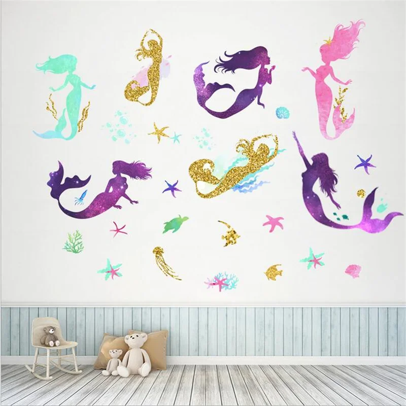 

New Removable Golden Purple Mermaid Starfish Wall Stickers For Children's Room Kindergarten Wall Decor Self-Adhesive Wallpaper