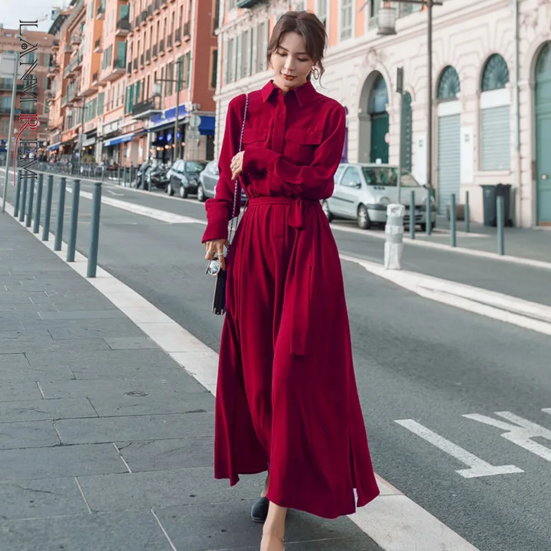 

LANMREM Long-sleeved Red Dress For Women Lapel Bandage Dresses With Pockets 2022 Autumn Female Elegant Streetwear Clothing 2W160
