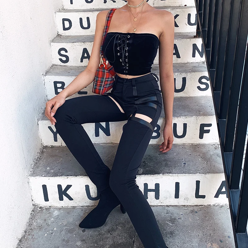 Готический черный сексуальный уличная ПУ повязки Высокая талия женские брюки