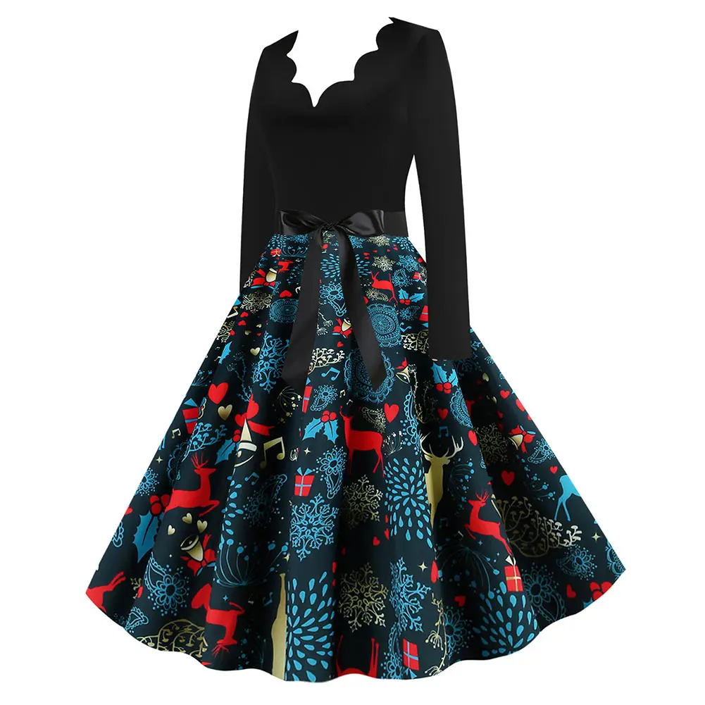 Женское винтажное вечернее платье черное с длинным рукавом и широким подолом для