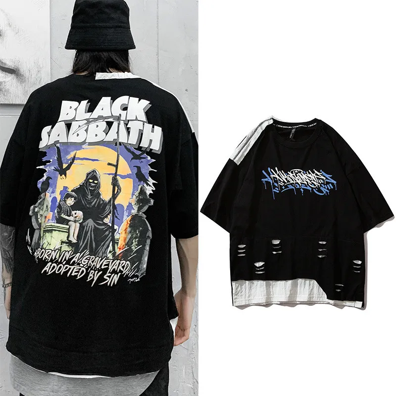 

New Satan Print Distressed Destroyed Holes Tshirts Streetwear Hip Hop Casual Punk Rock Gothic Tees Shirts Men 2020 Tops