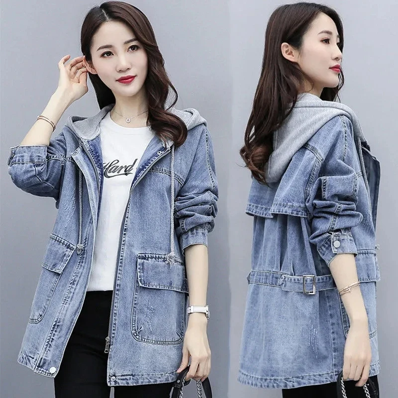 

Women's fashion jacket 2021 spring and autumn new hooded denim jacket female mid-length student Korean loose BF wind casual all-