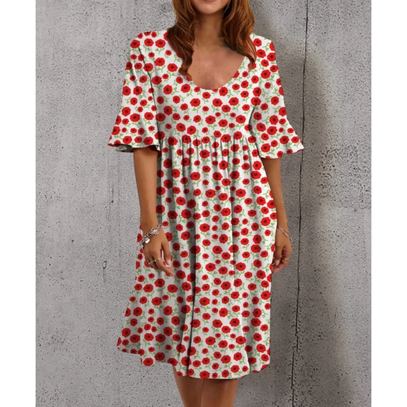 

Mandylandy Summer Fashion Pullover O-Neck High Waist Short Sleeve Dress Women's Casual Printed Loose Dress