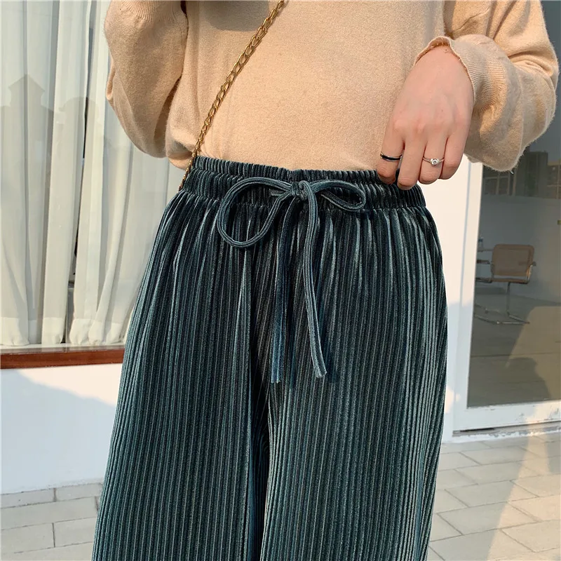2019 Winter Women Velvet Wide Leg Pants Female Casual Elastic High Waist loose Autumn Pleated Solid Pant Femme | Женская одежда