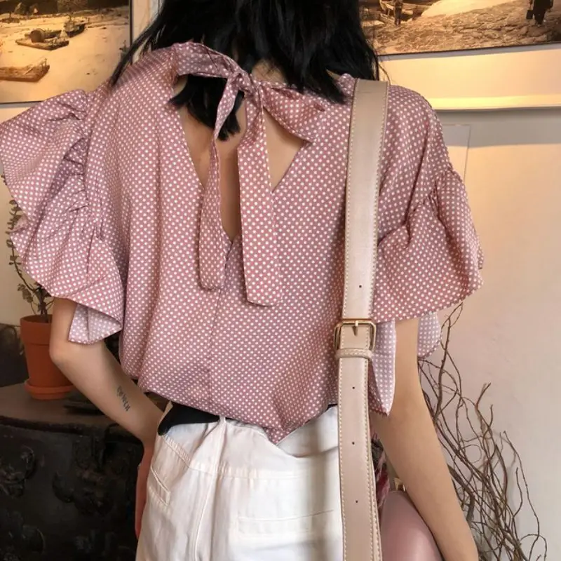 

Women Summer Tops Polka Dot Bow Tie O-Neck Lace Shirt Petal Sleeve Short Sleeve Chiffon Ladies Tops