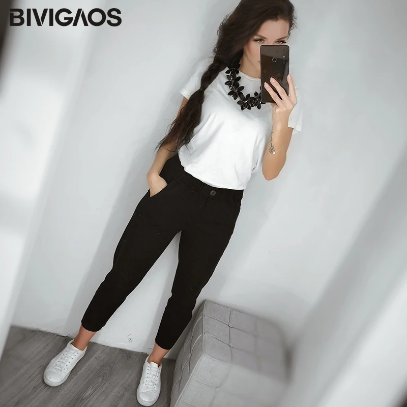 BIVIGAOS новая весенняя женская одежда прямые комбинезоны повседневные штаны-шаровары Корейская эластичная талия треугольная Пряжка брюки карго модный Женщин-брюки Комбинезон