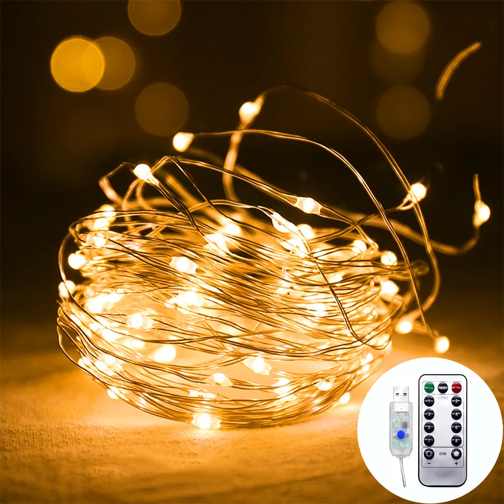 

Светодиодная гирлянда с зарядкой от USB, медный провод, Рождественский светильник с дистанционным управлением, 8 режимов, украшение вечерние ...