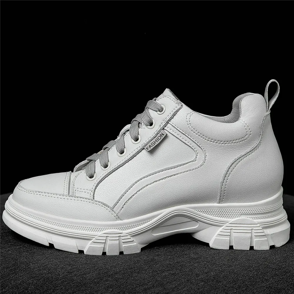 Oxfords Shoes Women Lace Up Cow Leather High Heel Ankle Boots Female Height Increasing Round Toe Fashion Sneakers Casual Shoes