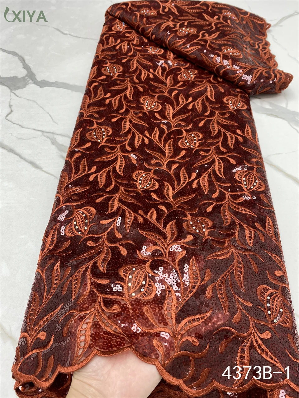 

African Sequence Lace Fabric Burnt Orange Sequin Lace Fabric Embroidery Nigerian Mesh Net Lace for Wedding Asoebi Dress APW4373B