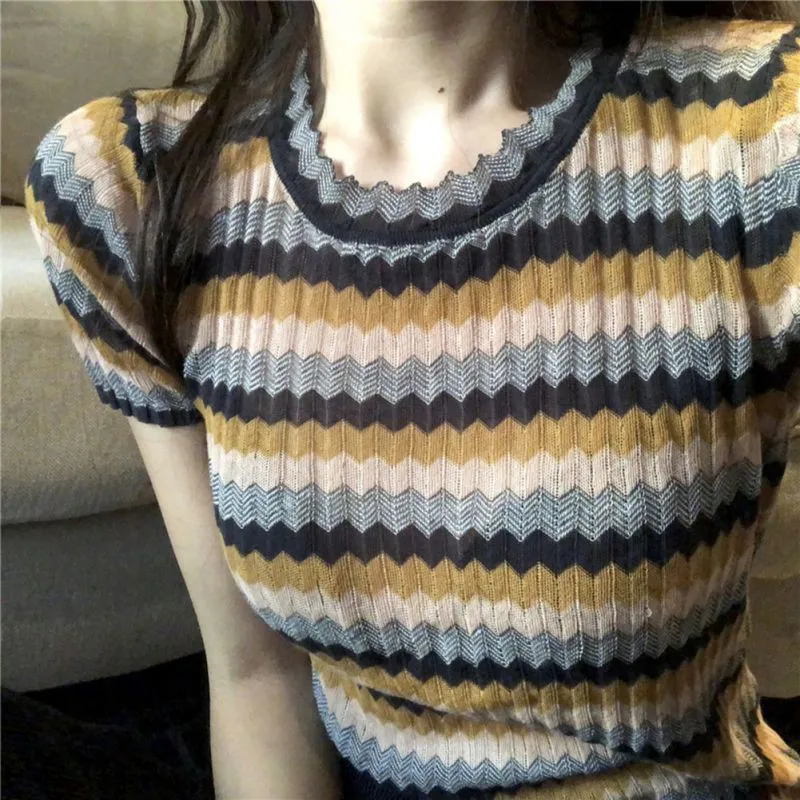 Летняя новинка женская тонкая полосатая футболка в стиле ретро шелковая с