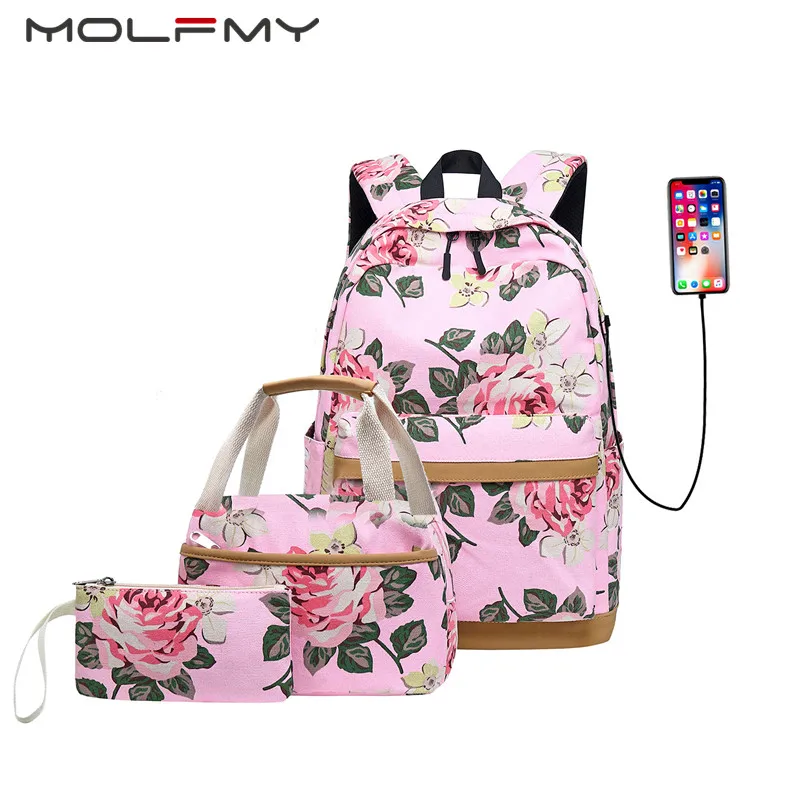 Ladies Canvas Backpack Floral Print 3pcs Set Outdoor Female Middle School Student Bag USB Computer Bag Meal Bag Pencil Bag 2021