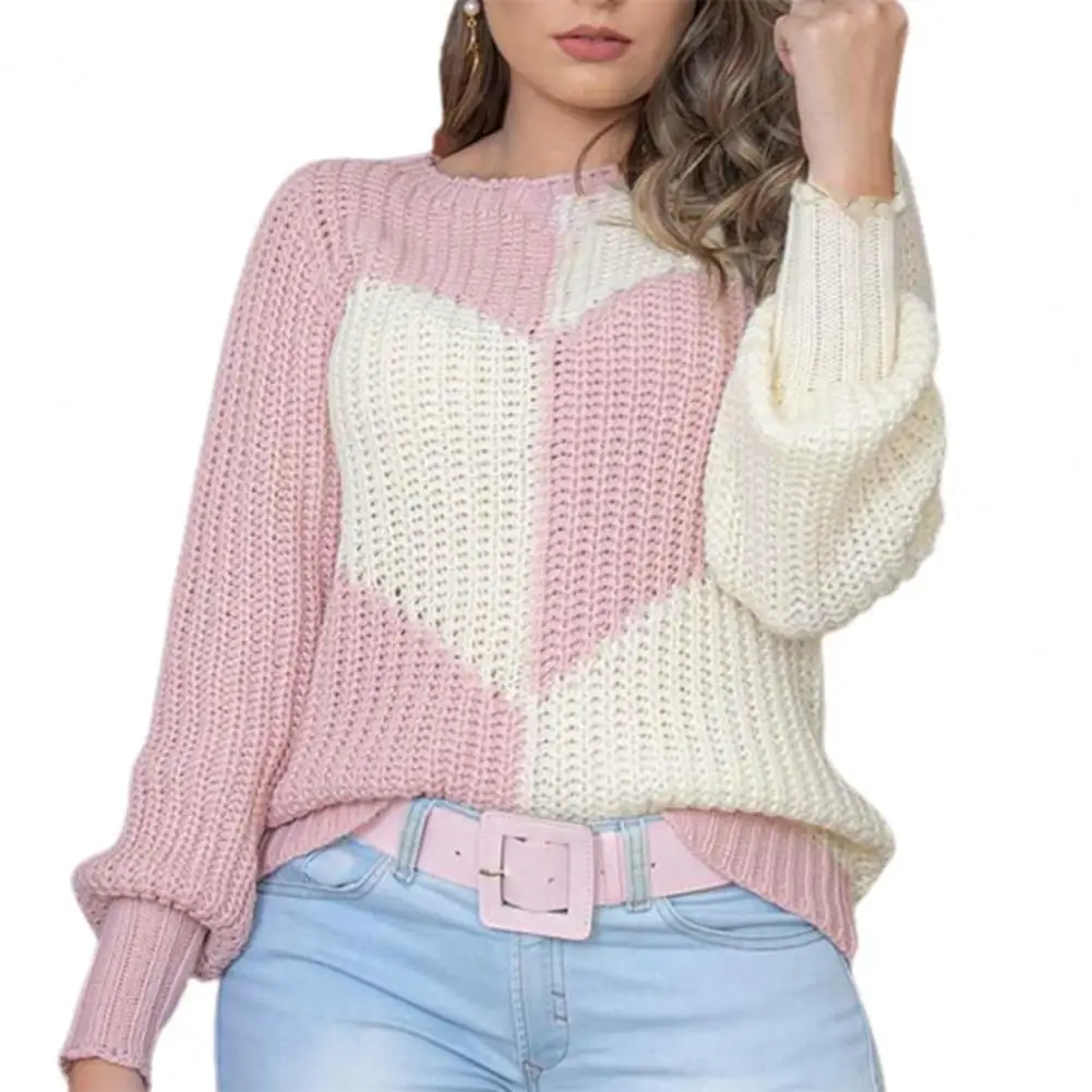 

Women Sweater Heart Pattern Color Block Autumn Winter O Neck Lantern Sleeve Knitted Top Streetwear Pullover Women's Clothing