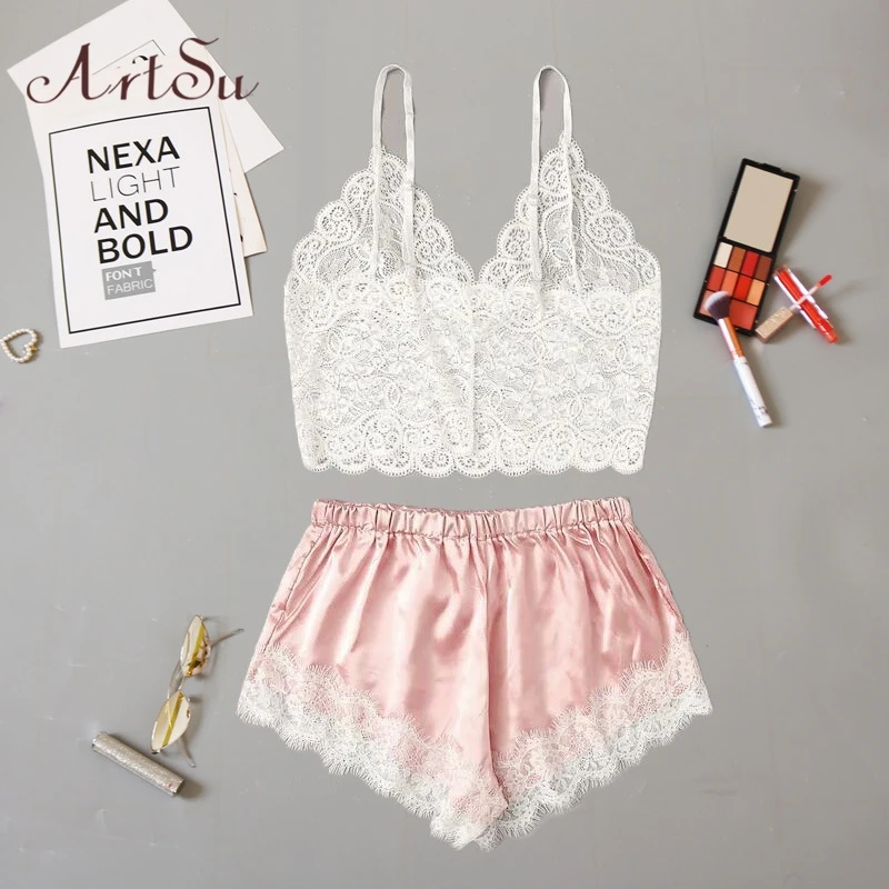 ArtSu милые розовые шелковые пижамы из 2 предметов для женщин сексуальный пижамный