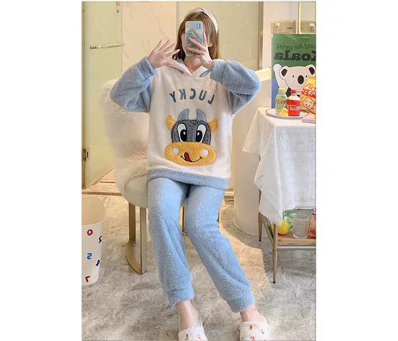 Pijamas Kawaii de felpa gruesa para padres e hijos, ropa de franela de manga larga para mantener el calor, bonita, de dibujos animados, para el hogar y la familia, Invierno-1