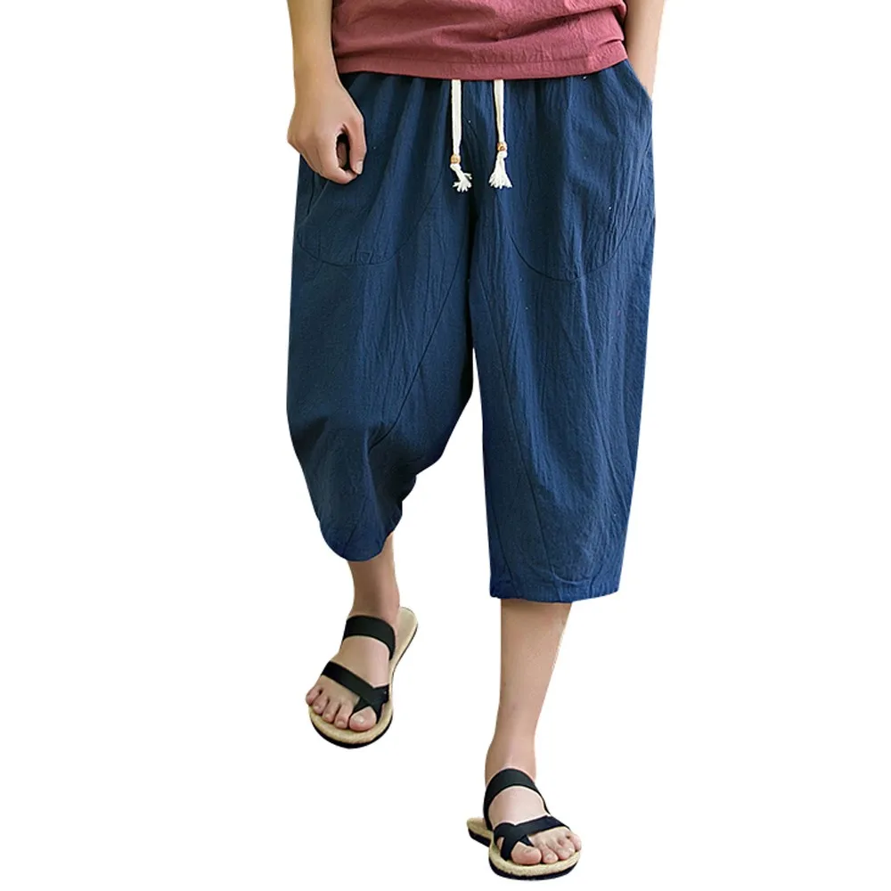 

Men's Casual Slim Sports Pants Calf-Length Linen Trousers Baggy Harem Pants Men's plus size cotton pants LS 1217