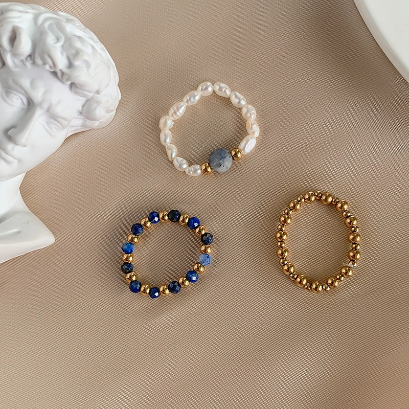 

Charm Natural Stone Freshwater Pearl Rings for Women 3mm Faceted Lapis Lazuli Bead with Stainless Steel Bead Ring Set Adjustable