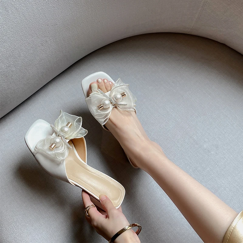 

European Summer New Style Genuine Leather Women Slippers Pearl Bow Party Casual Shoes 100% Cowhide Women Slippers