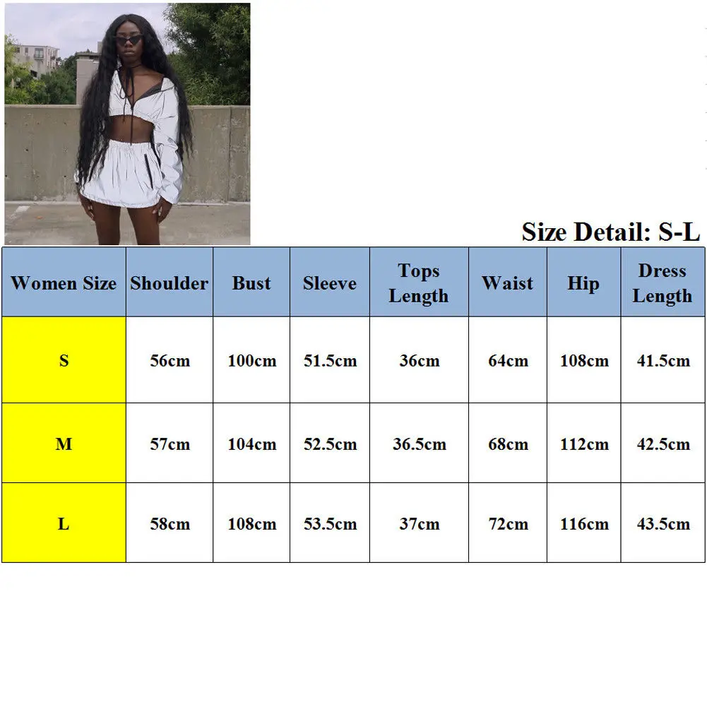 

1PC Sexy Hip Hop Women Reflective Hooded Zipper Crop Tops Solid Elastic High Waist Skirt Clubwear Bodycon Tracksuit outfits