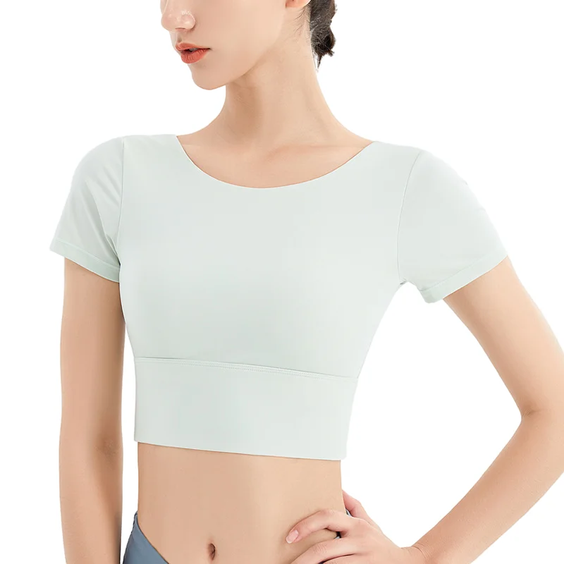 Short Sleeve Yoga Shirts Women With Chest Pad Breathable Gym Tops Fitness Running Workout Back Top Yoga Clothes Sport Wear Mujer