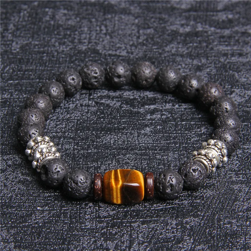 

Unique Design Men Bracelets Women Silver-plate Crown Bangle Polished Natural Square Tiger Eye Stone Beads Bracelet Homme Jewelry