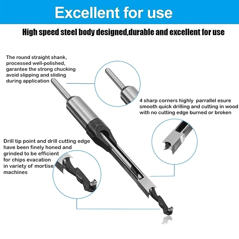 

Woodworking Square Drill Bits Set, Wood Mortising Chisel Countersink Bits Woodworker Hole Saw Power Tool Kits